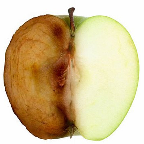 صورة من دلائل حدوث تغير كيميائي على قطعة التفاح